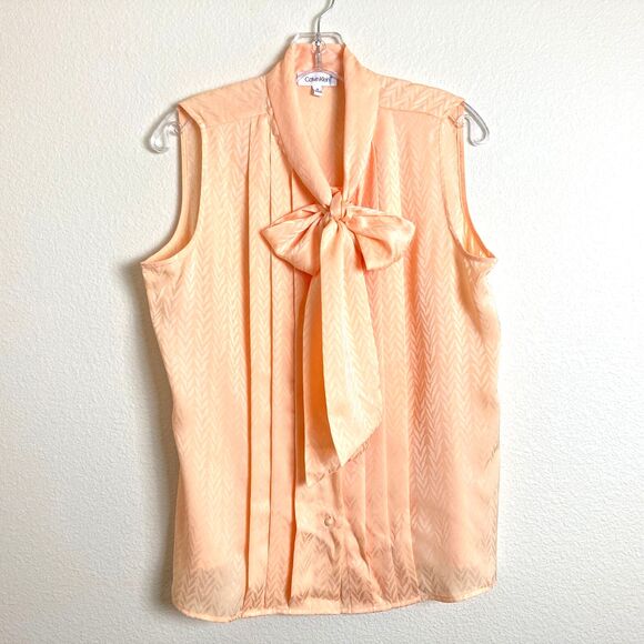 Calvin Klein Button Up Blouse Size M Peach Orange Tie Neck Bow Office Business - Picture 1 of 7